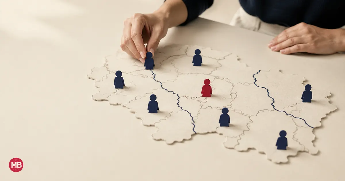 Une main pose de petites figurines bleu marine sur une carte en papier, l’une rouge