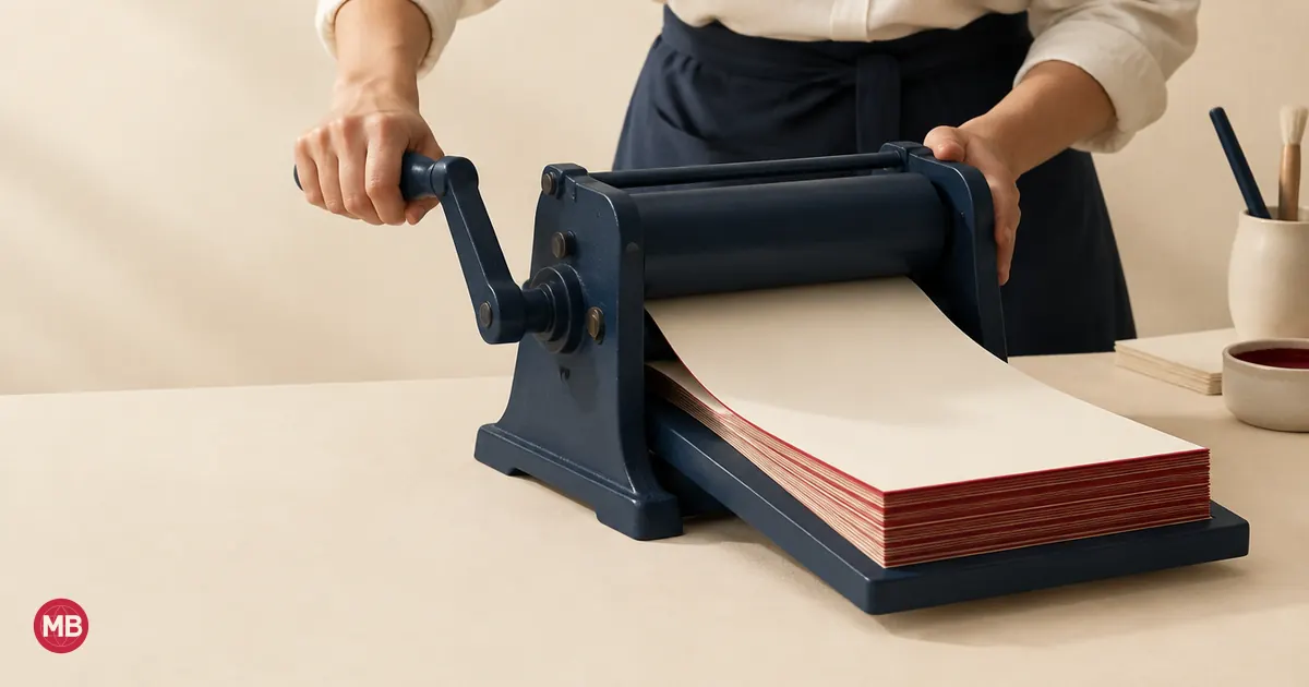 Une main tourne la manivelle d’une machine en papier bleu marine d’où sortent des feuilles crème