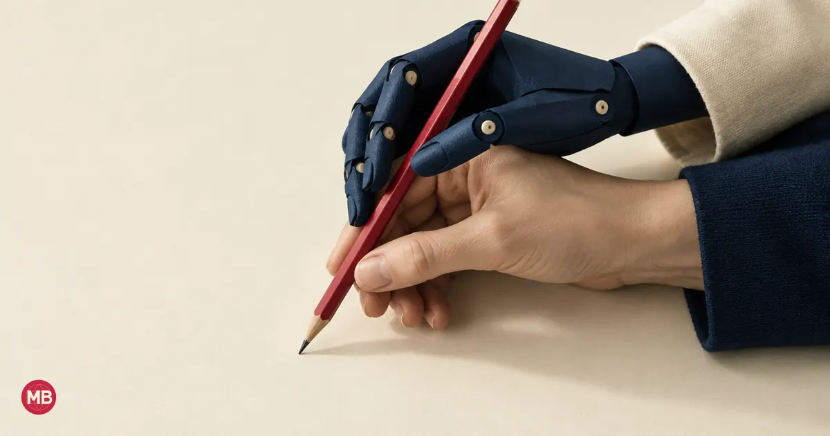 Une main humaine et une main mécanique en papier bleu marine tiennent ensemble un crayon rouge