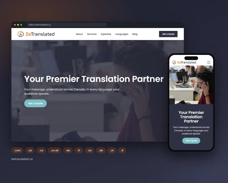 The BeTranslated site for Canada, betranslated.ca, on desktop and mobile