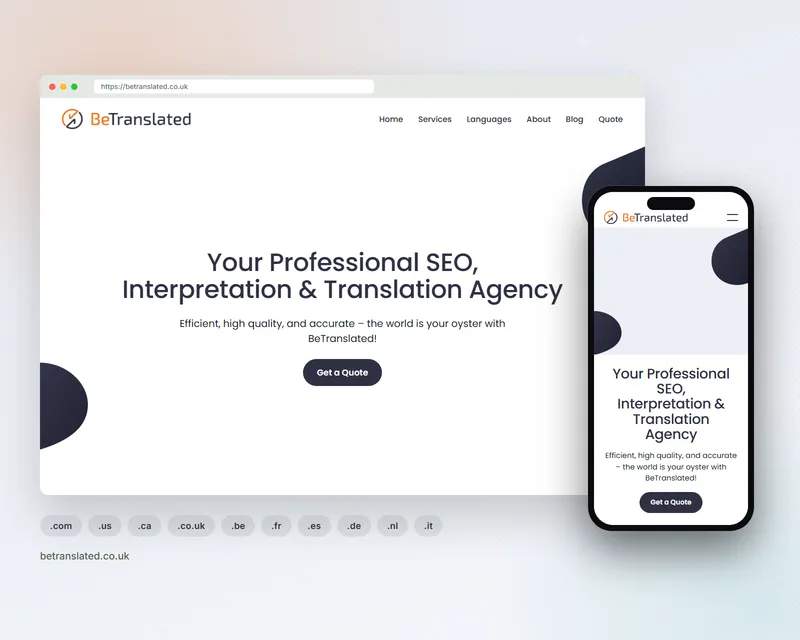 The BeTranslated site for United Kingdom, betranslated.co.uk, on desktop and mobile